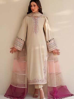 Embroidered Cream & Blush Long Tunic with Sheer Embellished Dupatta